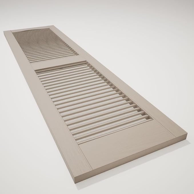 12"W x 80"H Lifetime Vinyl, Standard Cathedral Top Center Mullion, Open Louver Shutters, w/Installation Shutter-Lok's & Matching Screws (Per Pair), Clay