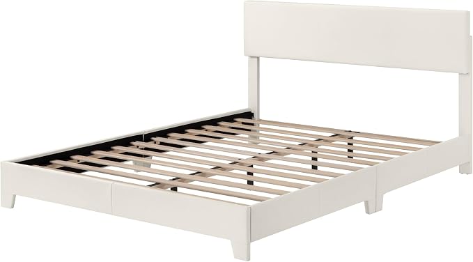 Allewie Full Size Upholstered Bed Frame Adjustable Headboard, White | Platform Bed with Heavy Duty Mattress Foundation, Noise-Free, Easy Assembly, Wood Slat Support, No Box Spring Needed