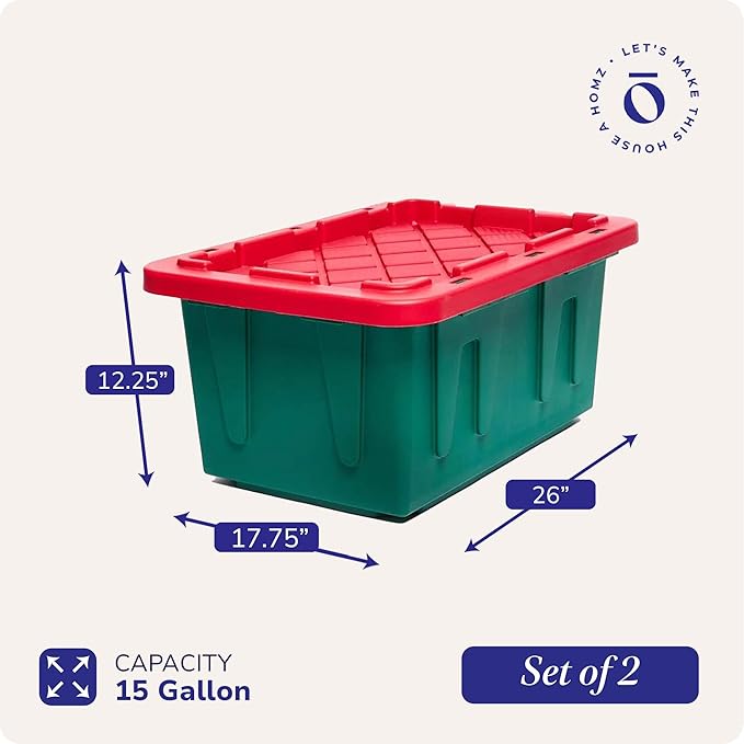 HOMZ Holiday Plastic Storage Container, 15 Gallon - Set of 2, Green and Red, 2 Sets | Heavy-Duty Large Stackable Container Seasonal Boxes for Home, Attic, and Garage Organization