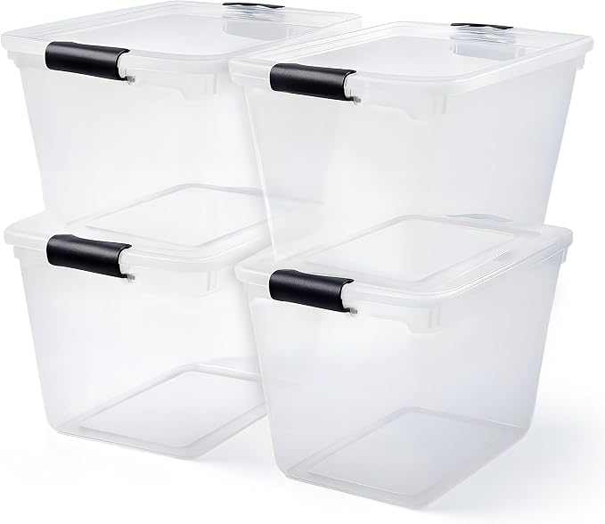HOMZ 31 Quart Secure Seal Latch Clear Plastic Bin | Stackable & Nestable | Easy Grip Latching Handles | Home, Office, Dorm Room Organization | Grey Handles, 4 Pack | Stackable Container Set for Home, Office Shelves, Kitchen, Garage, and Bathroom Organi...