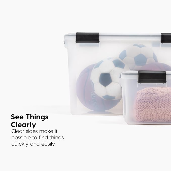 IRIS USA WeatherPro Storage Bins with Lids, 63 Qt, Clear, 4 Pack | Heavy-duty gasket seal protects food, clothing, camping gear, tools, emergency supplies, and keepsakes from moisture.