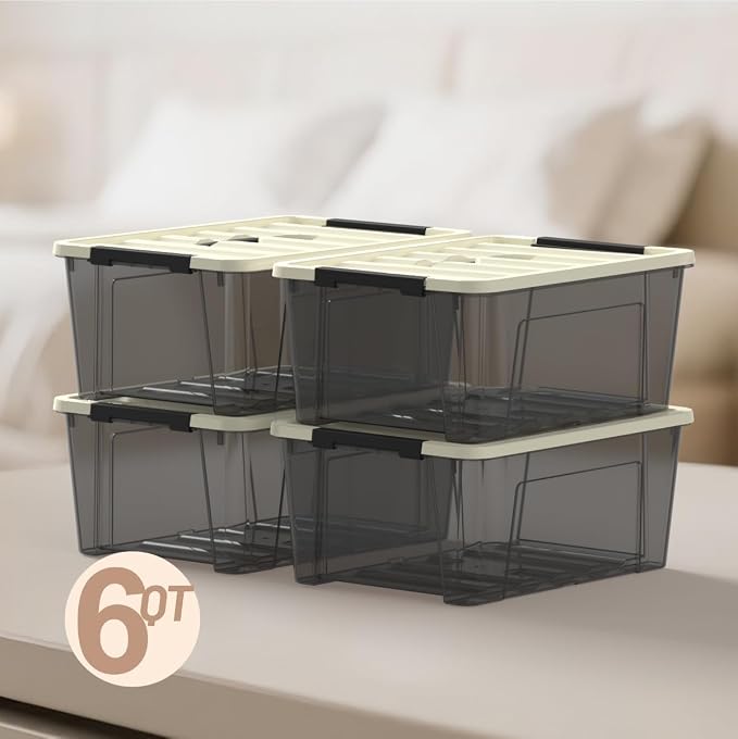 9-pack clear small plastic storage bins with khaki safety lids and black latch locks, durable stackable nestable organization containers, 6 quarts