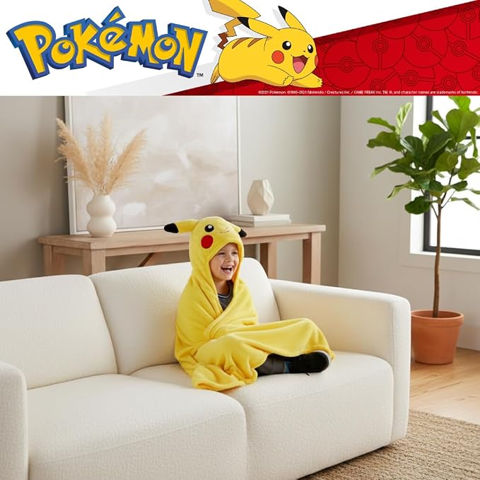Pokemon Pikachu Hooded Throw - Kids Bedding Super Soft Throw Blanket - 30 in x 50 in, (Officially Licensed Product) by Franco
