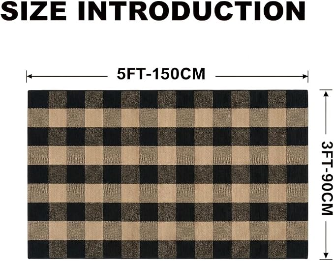 Buffalo Plaid Rug 3' x 5' Brown and Black Front Door Mat Reversible Layered Porch Rug Washable Hand Woven Cotton Area Rug for Indoor Outdoor Entryway Patio Porch Decor