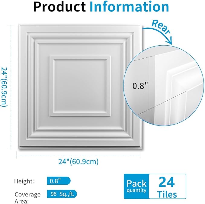 Art3d 24 Pack PVC Ceiling Tiles 24x24 Inches(96 Sq.,ft), Pure White | Waterproof Drop Ceiling Tiles/Wall Panels for Interior Wall Decor