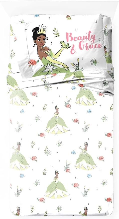 Jay Franco Kids Sheet Cartoon Set with Fitted, Flat Sheets & Pillow Cover - Ultra-Soft Bedding with Pillowcase for Room Decor, White - Tiana, 3 Piece Twin