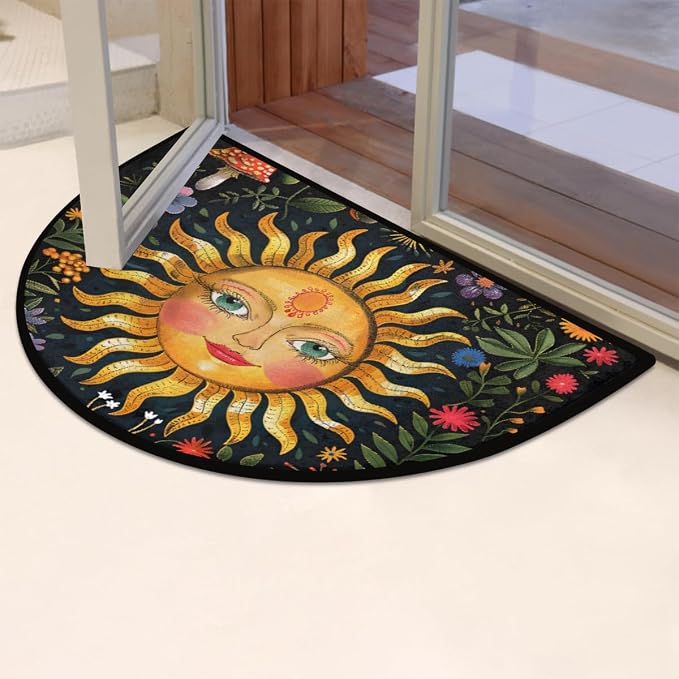 Sun Half Round Doormat Non-Slip Semi Circle Rug Half Moon Mat | Mushroom Flower Ethnic Washable Soft Absorbent Indoor Outdoor Entrance Kitchen Bathroom Sink Welcome Fireplace Floor Rug