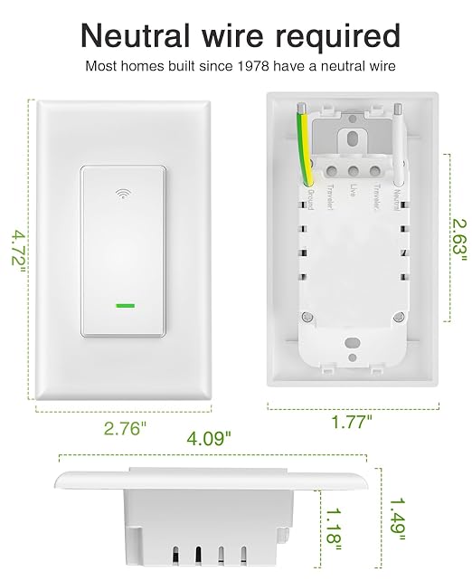 GHome Smart Switch, 3 Way Light Wi-Fi Switch Compatible with Alexa and Google Home, 2.4GHz Schedule Timer, Neutral Wire Required, 3-Way Installation and No Hub Required, FCC Listed (2-Pack), White