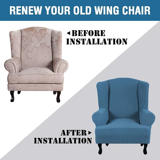 H.VERSAILTEX Wing Chair Slipcover Chair Covers for Wingback Chairs Wingback Chair Covers Slipcovers 1 Piece Stretch Sofa Cover Furniture Protector Soft Spandex Jacquard Checked Pattern, Dusty Blue