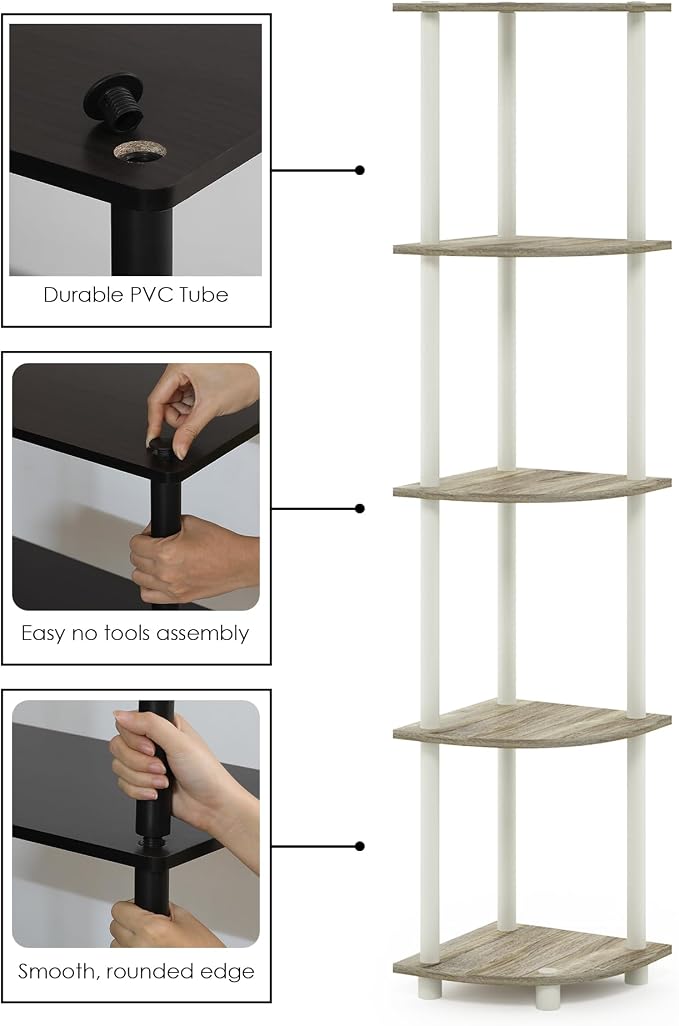 Furinno TURN-N-TUBE Corner Shelf, 5-Tier Corner Bookshelf, Open Storage Shelves, for Organization and Storage, Living Room, Home Office, Garage, Bedroom, Sonoma Oak