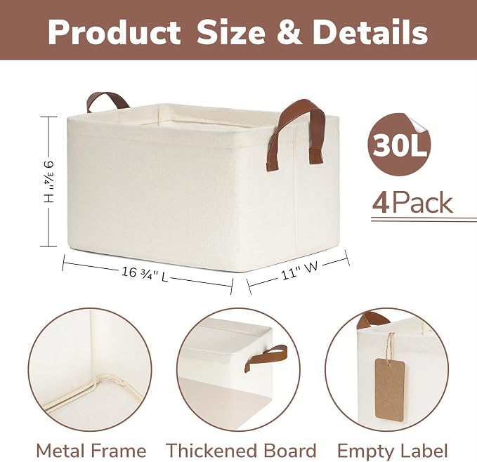 CHICVITA 4-Pack Closet Storage Bins, Fabric Shelf Baskets, Beige | 16 ¾" L x 11" W x 9 ¾" H, Collapsible Design, Clothes, Toys & Books Storage, Bedroom, Closet & Living Room Organization