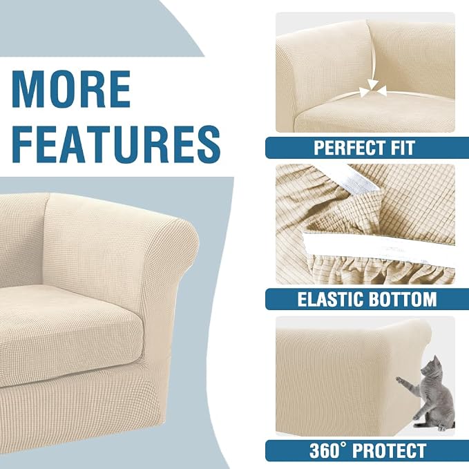 H.VERSAILTEX 2 Pieces Chesterfield Chair Covers Stretch Chair Slip Covers Mid Century Deep Seat Couch Cover Fit Width Up to 47 Inch, Thicker Jacquard Fabric (Small Sofa, Natural)