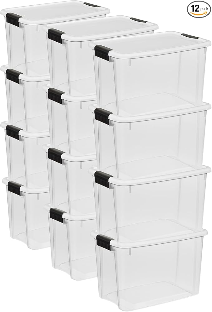 Sterilite Ultra Latch Box with Lids for Home and Office, 30 Quart, 12-Pack | Heavy-Duty and Stackable Plastic Containers with Latches for Closet, Cabinet, Bedroom, Bathroom and Dorm Room Organization