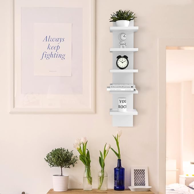 5 Tier Wall Shelves White, Vertical Column Shelf Floating Storage Home Decor Organizer Tall Tower Design Utility Shelving Bedroom Living Room, 30.7inch