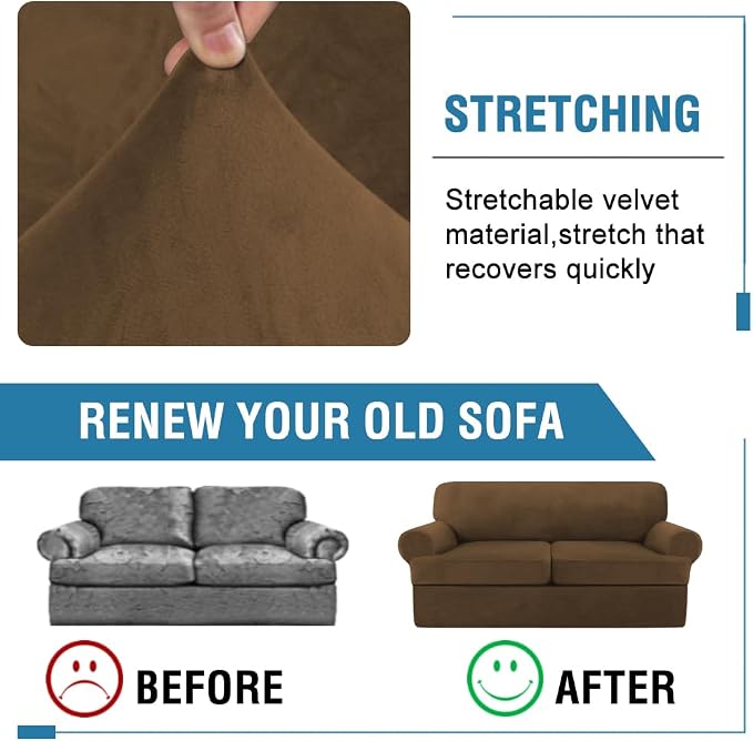 H.VERSAILTEX Sofa Cover 3 Piece T Cushion Loveseat Slipcovers Thick Velvet Couch Cover Stretch T Cushion Sofa Covers for 2 Cushion Couch with 2 Individual T Cushion Covers, Bronze Brown