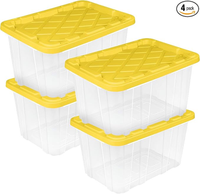 Sterilite Industrial Storage Box with Lids for Garage, 27 Gallon, 4-Pack | Heavy-Duty and Stackable Utility Box Containers for Home, Office, and Basement Organization, Yellow