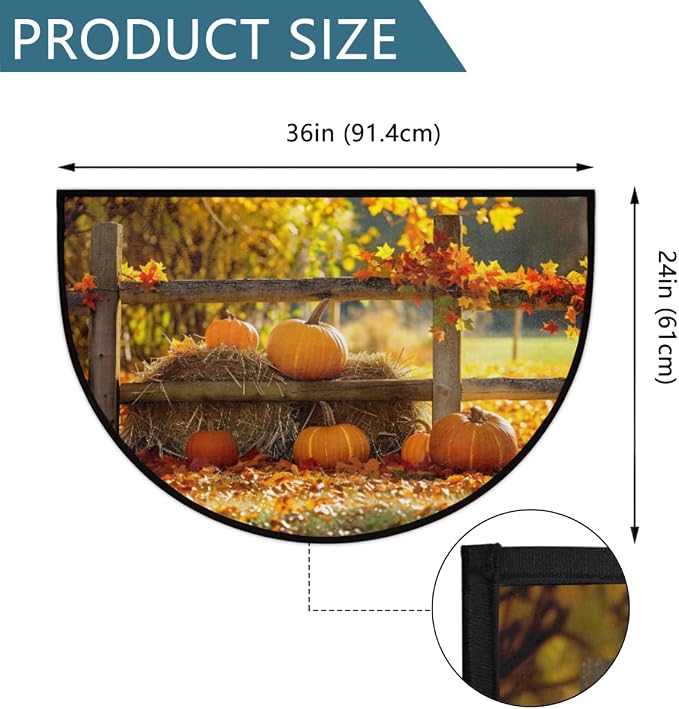 Pumpkin Half Round Doormat Non-Slip Semi Circle Rug Half Moon Mat | Autumn Maple Tree Washable Soft Absorbent Indoor Outdoor Entrance Kitchen Bathroom Sink Patio Welcome Fireplace Floor Rug