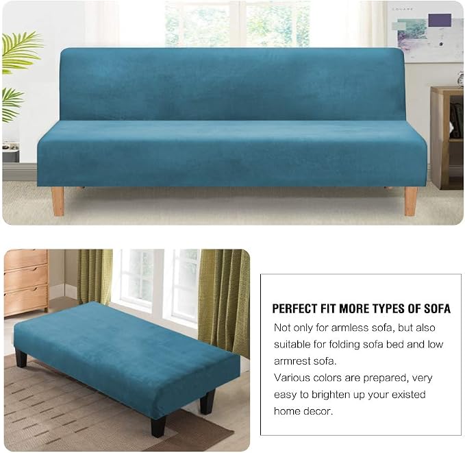 H.VERSAILTEX Real Velvet Futon Cover Armless Sofa Covers Sofa Bed Covers Stretch Futon Couch Cover Sofa Slipcover Furniture Protector Thick Soft Velvet Fabric Form Fitted Stay in Place, Peacock Blue
