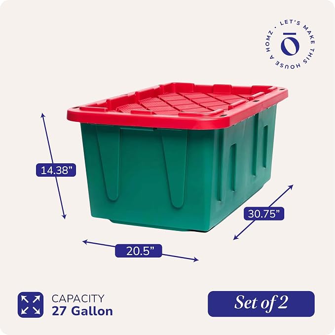 HOMZ Holiday Plastic Storage Container, 27 Gallon - Set of 2, Green and Red, 2 Sets | Heavy-Duty Large Stackable Container Seasonal Boxes for Home, Attic, and Garage Organization