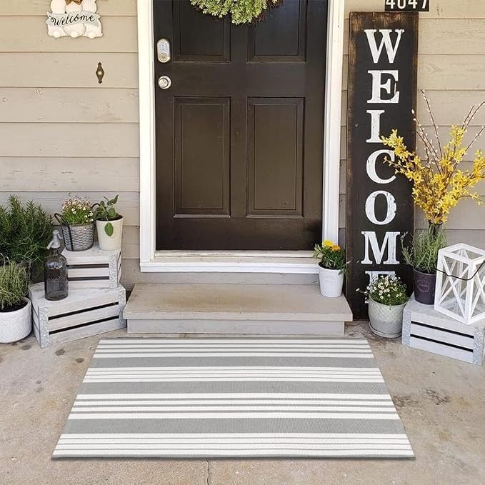 OJIA Front Door Mat Outdoor Doormat 24"x35" Gray White Striped Outdoor Rugs | Washable Front Door Rug Entry Rug Indoor Door Mat Outside Entrance Cotton Woven Small Area Rugs for Porch/Kitchen/Entryway
