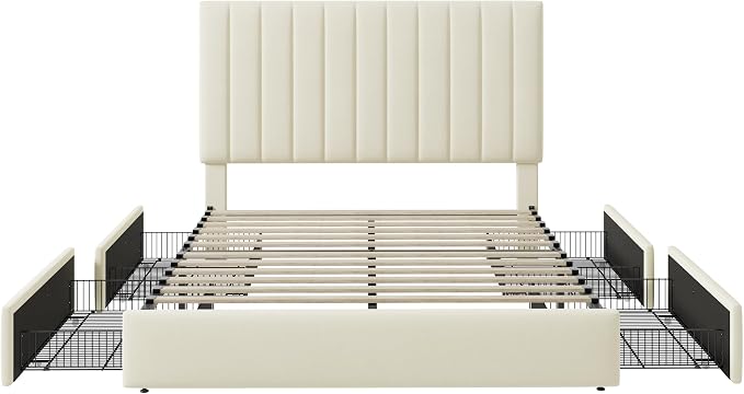 Allewie Full Size Storage Bed Frame, Vertical Channel Tufted Adjustable Headboard, Velvet Upholstered Platform Bed with 4 Oversized Underbed Drawers, Wooden Slats Support, No Box Spring Needed, Cream