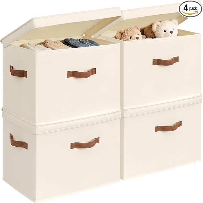 CHICVITA 4-Pack Large Fabric Storage Bins with Lids for Shelves, Ivory | 17.1" x 11.2" x 11.6" Decorative Storage Boxes with Handles for Clothes Fit Closet, Toy Box with Support Plate for Playroom