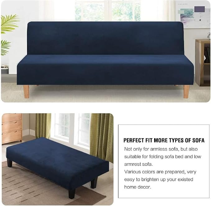 H.VERSAILTEX Real Velvet Futon Cover Armless Sofa Covers Sofa Bed Covers Stretch Futon Couch Cover Sofa Slipcover Furniture Protector Thick Soft Velvet Fabric Form Fitted Stay in Place, Navy