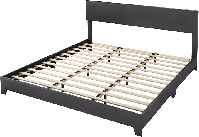 Allewie King Size Faux Leather Bed Frame, Adjustable Headboard, Black | Platform Bed with Heavy Duty Mattress Foundation, Noise-Free, Easy Assembly, Wood Slat Support, No Box Spring Needed