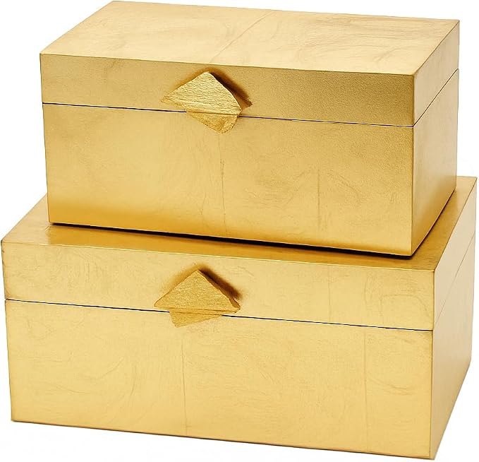 Vintiquewise Set of 2 Decorative Wooden Storage Boxes with Gold Accent – Boxes for Keys, Jewelry, Makeup, Accessories, Crafts, Gadgets, Home Office, Living Room, Bedroom & Entryway Décor, Gold