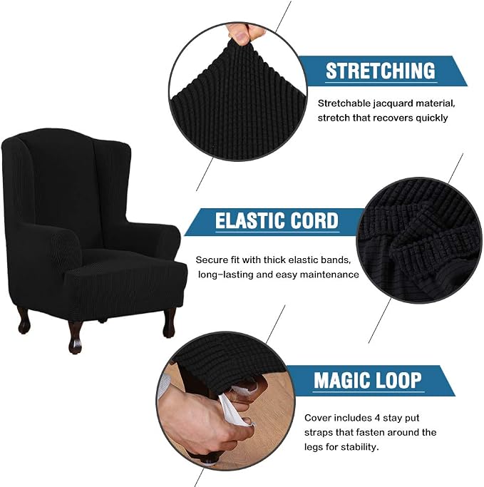 H.VERSAILTEX Wing Chair Slipcover Chair Covers for Wingback Chairs Wingback Chair Covers Slipcovers 1 Piece Stretch Sofa Cover Furniture Protector Soft Spandex Jacquard Checked Pattern, Black