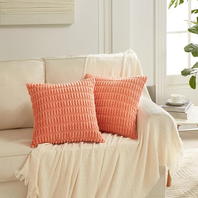 Fancy Homi 4 Packs Boho Coral Decorative Throw Pillow Covers 22x22 Inch for Living Room Couch Bed Sofa, Rustic Modern Farmhouse Home Decor, Soft Plush Corduroy Peach Cute Square Cushion Case 55x55 cm