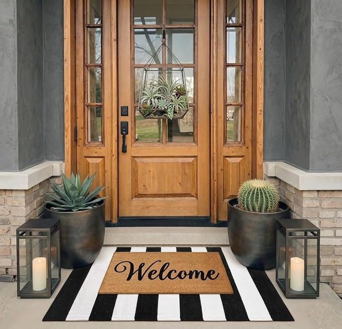 LEEVAN Black and White Outdoor Rug 2.3' x 3.6', Washable Striped Front Porch Rugs, Cotton Woven Layered Front Door Mat, Farmhouse Entryway Rug Reversible Foldable Indoor Doormat for Layered