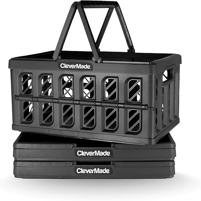 CleverMade Collapsible Shopping Basket, 24L, 3 Pack, Obsidian | Rigid walls protect groceries and supplies. Each basket carries 25 lb, stacks securely, and folds to 2.25 inches.