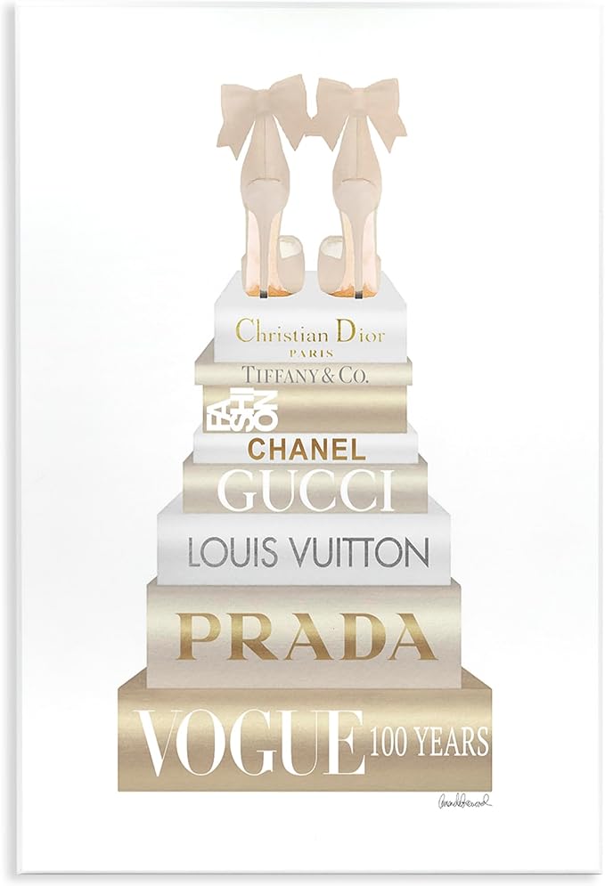 Cream Bow Heels Glam Bookstack, 13 x 19 Inch Mounted Print on Wall Plaque | Stupell Industries · By Amanda Greenwood · Ready to hang · Chic giftable accent · Made in USA