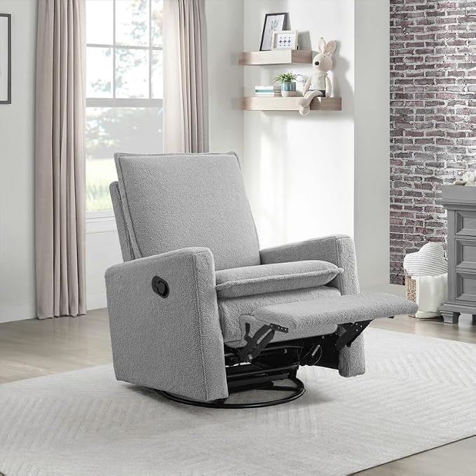 Oxford Baby Uptown Upholstered Glider Recliner Rocking Chair 360° Swivel for Nursery and Living Room - Boucle Koala Gray, Green Guard Gold Certified