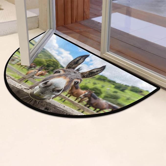 Animal Donkey Half Round Rug Half Moon Door Mat Half Circle Rugs | Farm Art Washable Non-Slip Semi Circle Rug Welcome Half Round Door Mat Indoor Entrance Kitchen Home Bedroom Living Room Decor