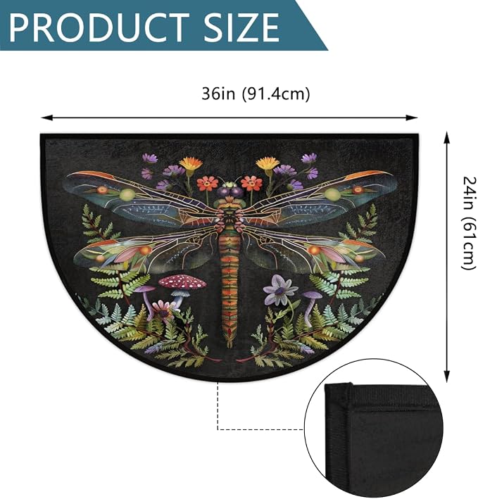 Dragonfly Half Round Door Mat Outdoor Doormat Bedroom Entrance Rug A11 | Dragonfly Flower Floral Semi Moon Door Mat Non-Slip Absorbent Kitchen Rug Indoor Welcome Bath Mat 36" X 24"