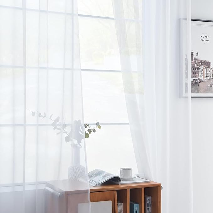 youleyar Solid Sheer Rod Pocket Curtain Voile Draperies 2 Panels White Beige Black Grey Coffee 60 Inch Width 84 Inch Long 1 Pair for Kitchen Bedroom Children Living Room Yard(White,60Wｘ84L)