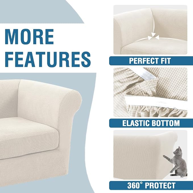 H.VERSAILTEX 2 Pieces Chesterfield Chair Slip Covers with Arms Stretch Mid Century Deep Seat Couch Cover Fit Width Up to 47 Inch, Thicker Jacquard Fabric (Small Sofa, Ivory)