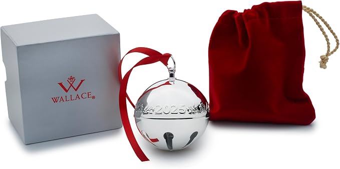 Wallace 2025 Silver-Plated Sleigh Bell Ornament 55th Edition - Cardinals and Poinsettias Holiday Collectible - Handcrafted Annual Christmas Bell with Gift Box