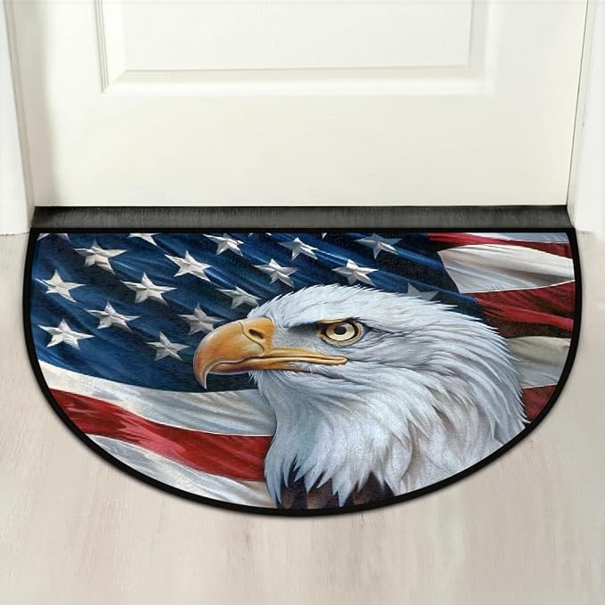 Pardick Flag and Eagles Half Round Doormat Semi Circle Rug Non Slip Indoor Outdoor Entrance Half Moon Rug Absorbent Durable Washable Front Floor Mat for Kitchen Bathroom Patio Fireplace