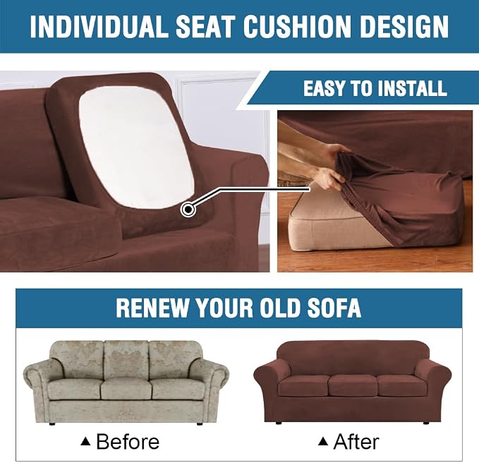 H.VERSAILTEX Modern Velvet Plush 4 Piece High Stretch Sofa Slipcover Furniture Protector Form Fit Velvet Extra Large Sofa Cover for 3 Cushion Couch Width Up to 105 Inch (XL Sofa, Burnt Brick)