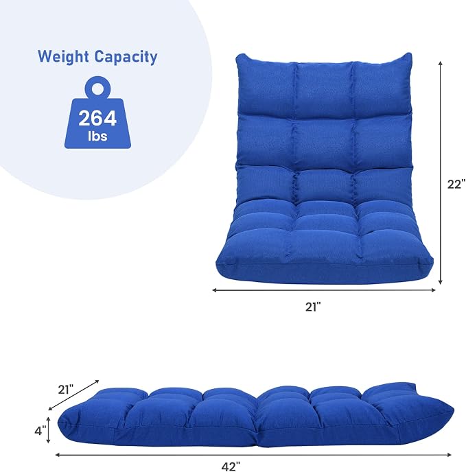 COSTWAY Floor Chair, Folding Gaming Chair with Back Support (Blue) | 14 Adjustable Positions, Alloy Steel Frame, Lazy Sofa Lounge for Playing Reading Meditating Room Recliner for Adults, Kids