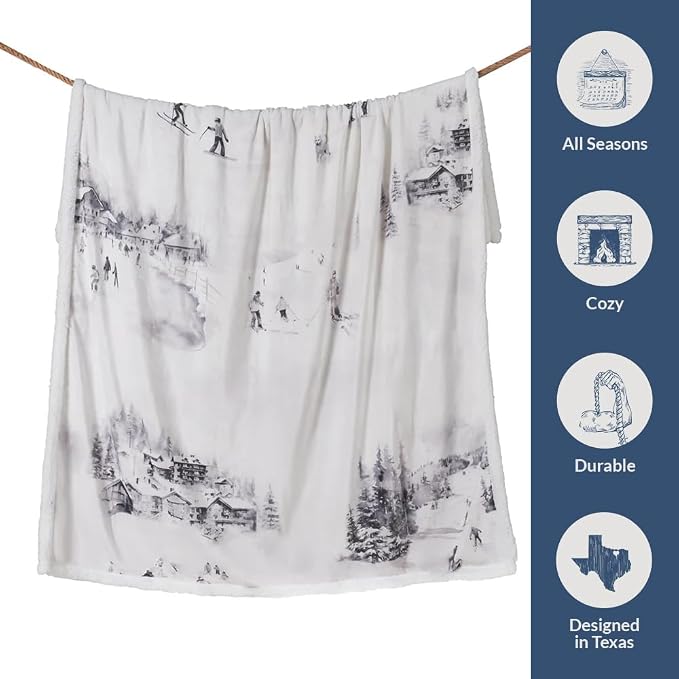 Indigo Hill by HiEnd Accents Ski Toile Sherpa Throw Blanket, Snow Mountain Pine Tree Ski Season Print Blanket for Camping Outdoor, Cabin Lodge Fleece Blanket for Couch, Sofa, Bed, 54x68 inch