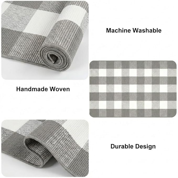 Buffalo Plaid Rug 2'4''x 3'7'' Grey and White Front Door Mat Reversible Layered Porch Rug Washable Hand Woven Cotton Area Rug for Indoor Outdoor Entryway Patio Porch Decor