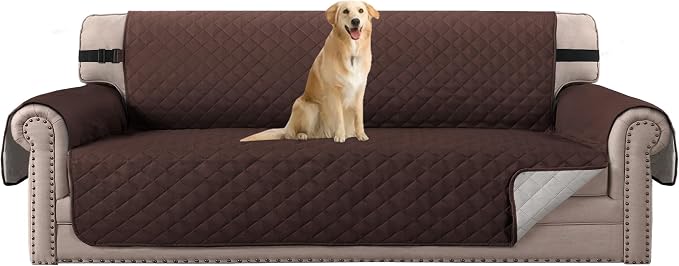 H.VERSAILTEX Sofa Slipcover for Dog/Cat/Pets Sofa Cover Quilted Furniture Protector with Non Slip Elastic Strap Water Resistant Sofa Cover Couch Cover Seat Width to 78"(Oversized Sofa, Brown/Beige)