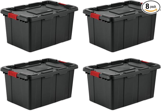Sterilite Industrial Storage Tote with Lids for Garage, 27 Gallon, 8-Pack | Heavy-Duty and Stackable Utility Box Containers for Home, Office, and Basement Organization, Black