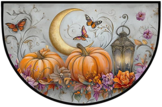 Pardick Half Round Door Mat Moon Pumpkin Butterfly Anti-Slip Semi Circle Rug 24X36 Entrance Welcome Mats Indoor Outdoor Door Mat, Washable Decorative Floor Mats for Kitchen Bathroom Hearth Fireplace