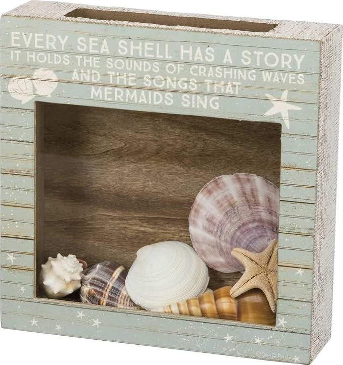 Primitives by Kathy | Rustic beach house decor featuring "Every Sea Shell Has A Story" sentiment. Clear glass windows for beach treasures