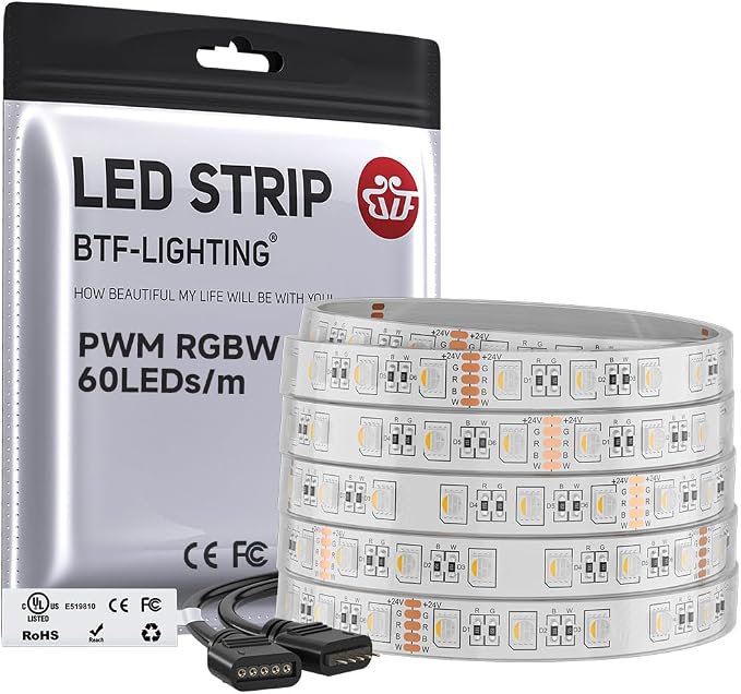 BTF-LIGHTING RGBW LED Strip Lights,UL Listed,5050 4 Colors in 1 RGB + 2700K-3000K Warm White,24V DC,16.4ft/5m 60LEDs/m 12mm White PCB, IP67 Waterproof for Home Decoration(No Adapter or Controller)